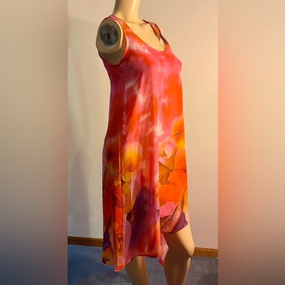 Women’s dress tie dye watercolor-abstract prnt asymmetrical hi-low chiffon S M L - Picture 1 of 4